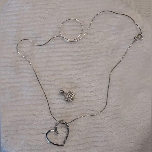 2 for 1 Genuine Diamond Floating Heart and Pink CZ Crystal Flower Necklace Set - Picture 4 of 9